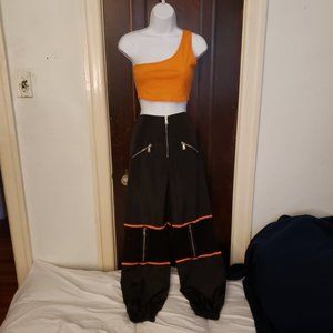 One Shoulder Orange Top and Black Mesh Bottoms Rave Set Size Small